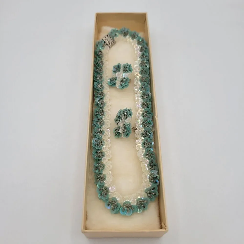Vintage 1950s Aqua Sequin Necklace & Earrings Set